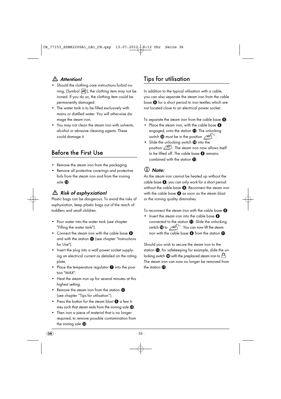 Before the first use, Tips for utilisation, Attention | Risk of asphyxiation | Silvercrest SDBK 2200 A1 User Manual | Page 38 / 42