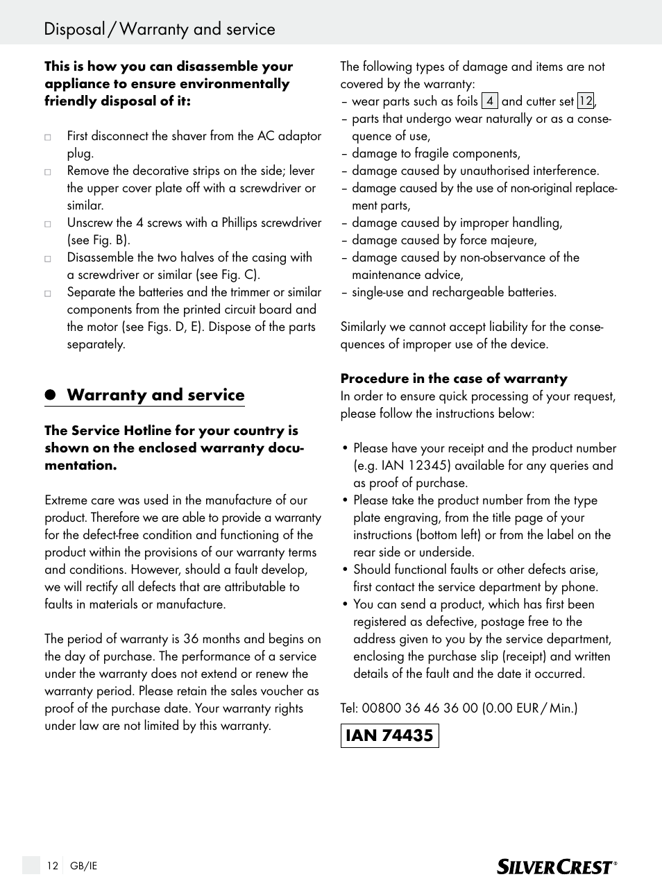 Disposal / warranty and service, Warranty and service | Silvercrest SFR 1200 A1 User Manual | Page 12 / 15