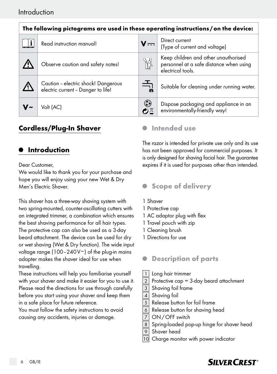 Introduction, Cordless/plug-in shaver, Intended use | Scope of delivery, Description of parts | Silvercrest SFR 1200 A1 User Manual | Page 6 / 15