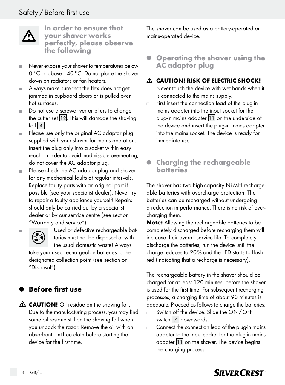 Safety / before first use, Before first use, Operating the shaver using the ac adaptor plug | Charging the rechargeable batteries | Silvercrest SFR 1200 A1 User Manual | Page 8 / 15