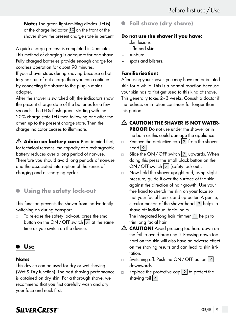 Before first use / use, Using the safety lock-out, Foil shave (dry shave) | Silvercrest SFR 1200 A1 User Manual | Page 9 / 15