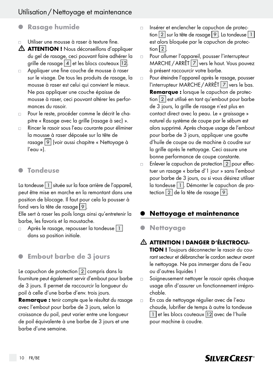 Utilisation / nettoyage et maintenance, Rasage humide, Tondeuse | Embout barbe de 3 jours, Nettoyage et maintenance, Nettoyage | Silvercrest SFR 1200 A1 User Manual | Page 10 / 45