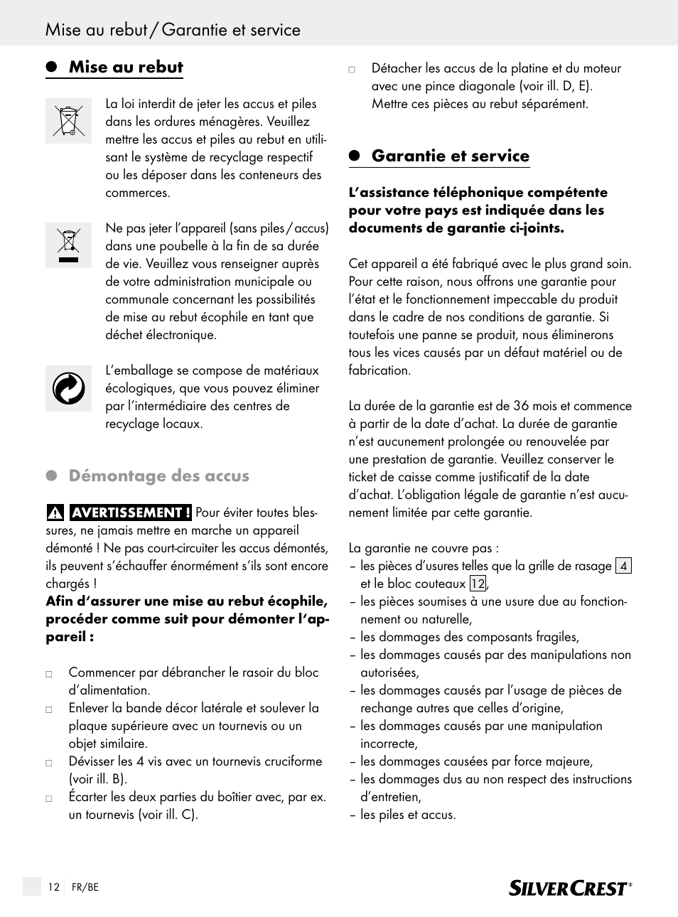 Mise au rebut / garantie et service, Mise au rebut, Démontage des accus | Garantie et service | Silvercrest SFR 1200 A1 User Manual | Page 12 / 45