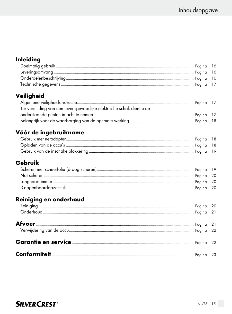 Inhoudsopgave, Inleiding, Veiligheid | Vóór de ingebruikname, Gebruik, Reiniging en onderhoud, Afvoer, Garantie en service, Conformiteit | Silvercrest SFR 1200 A1 User Manual | Page 15 / 45