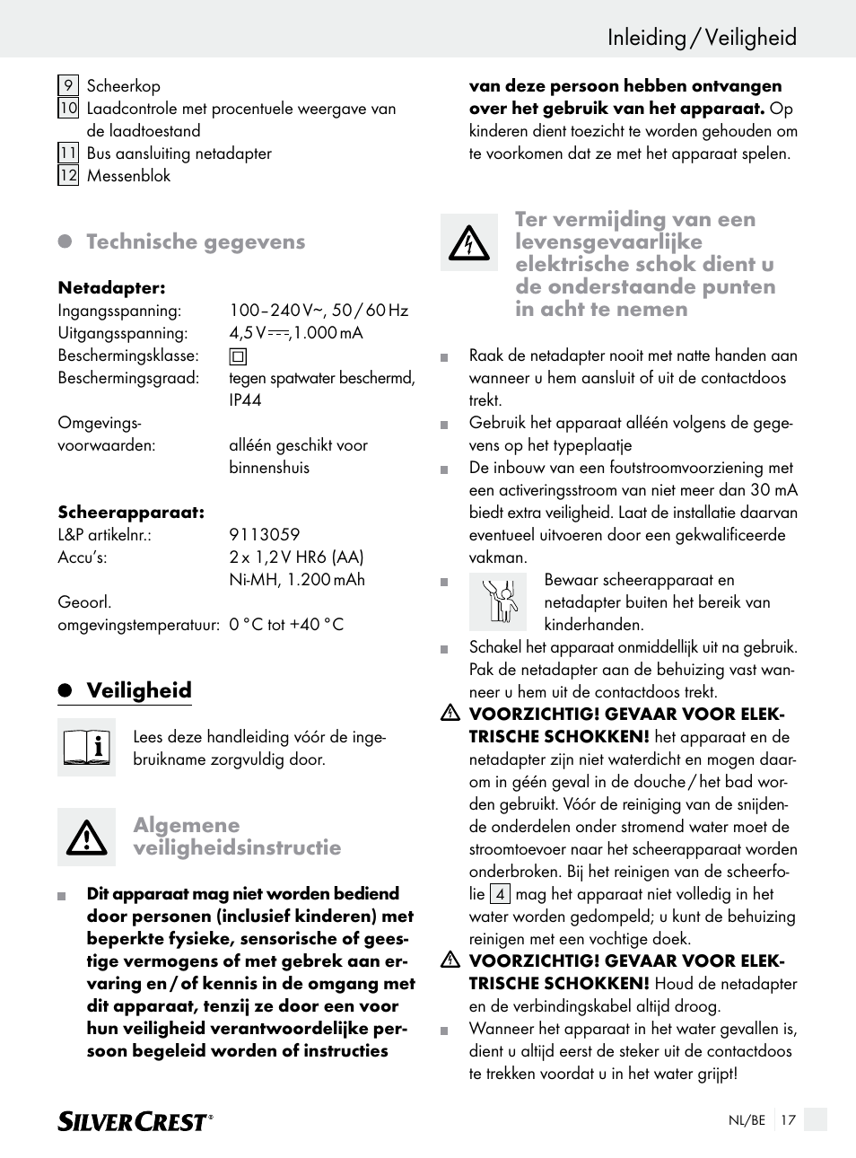 Inleiding / veiligheid, Technische gegevens, Veiligheid | Algemene veiligheidsinstructie | Silvercrest SFR 1200 A1 User Manual | Page 17 / 45