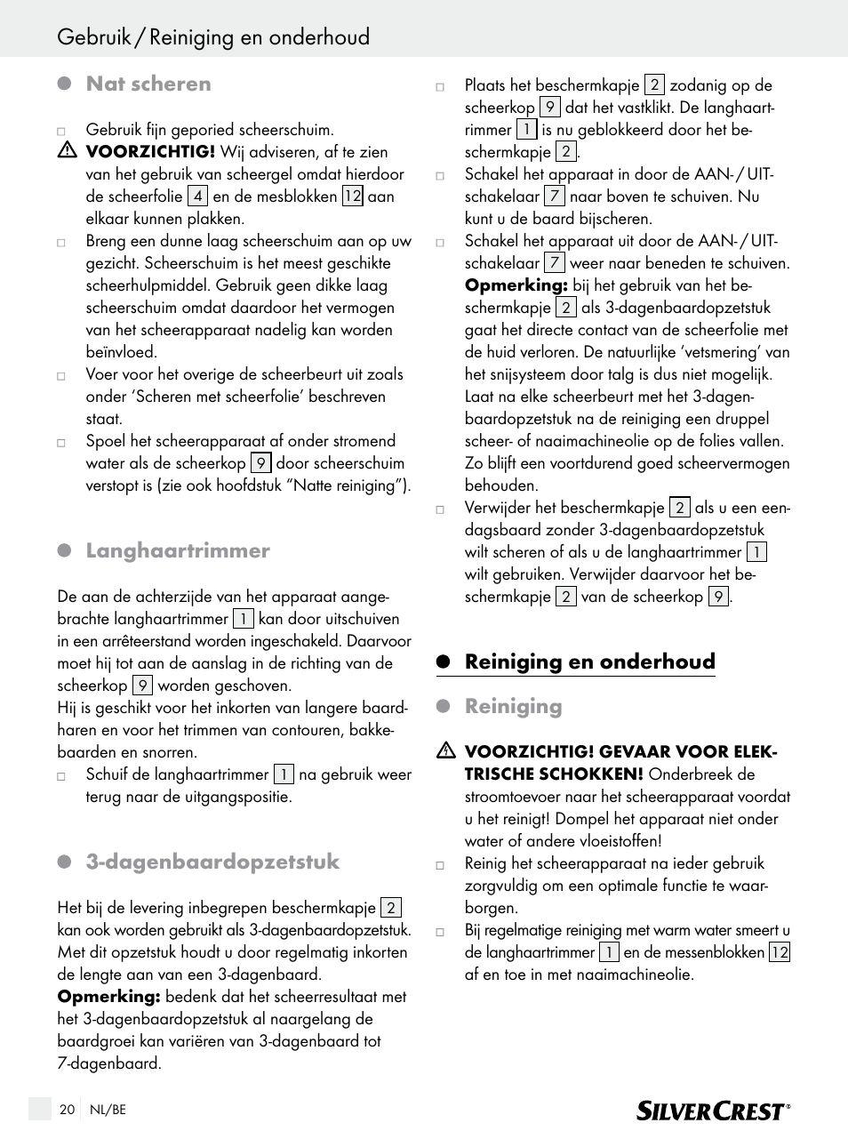 Gebruik / reiniging en onderhoud, Nat scheren, Langhaartrimmer | Dagenbaardopzetstuk, Reiniging en onderhoud, Reiniging | Silvercrest SFR 1200 A1 User Manual | Page 20 / 45