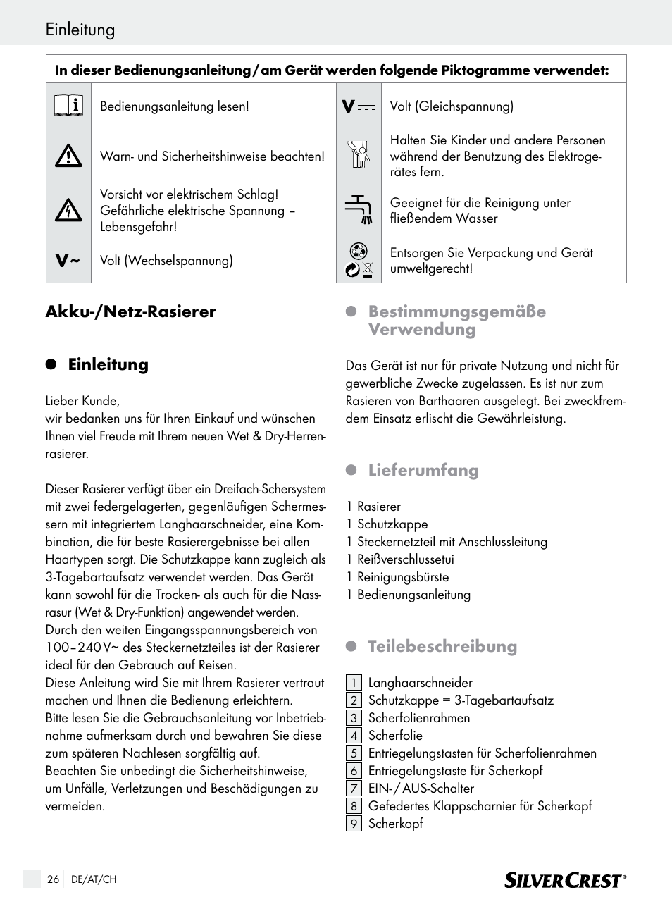 Akku-/netz-rasierer, Einleitung, Bestimmungsgemäße verwendung | Lieferumfang, Teilebeschreibung | Silvercrest SFR 1200 A1 User Manual | Page 26 / 45