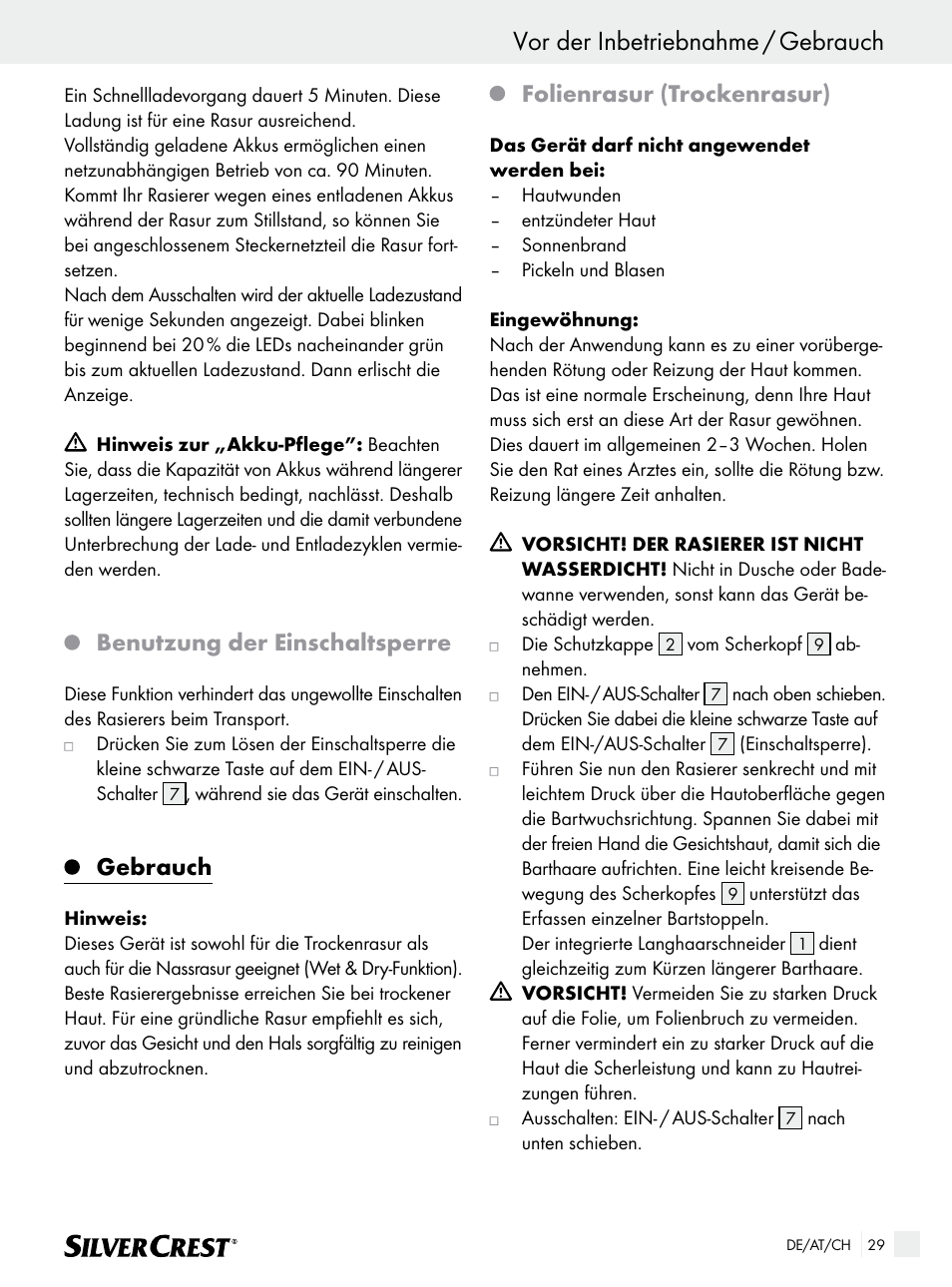 Vor der inbetriebnahme / gebrauch, Benutzung der einschaltsperre, Gebrauch | Folienrasur (trockenrasur) | Silvercrest SFR 1200 A1 User Manual | Page 29 / 45