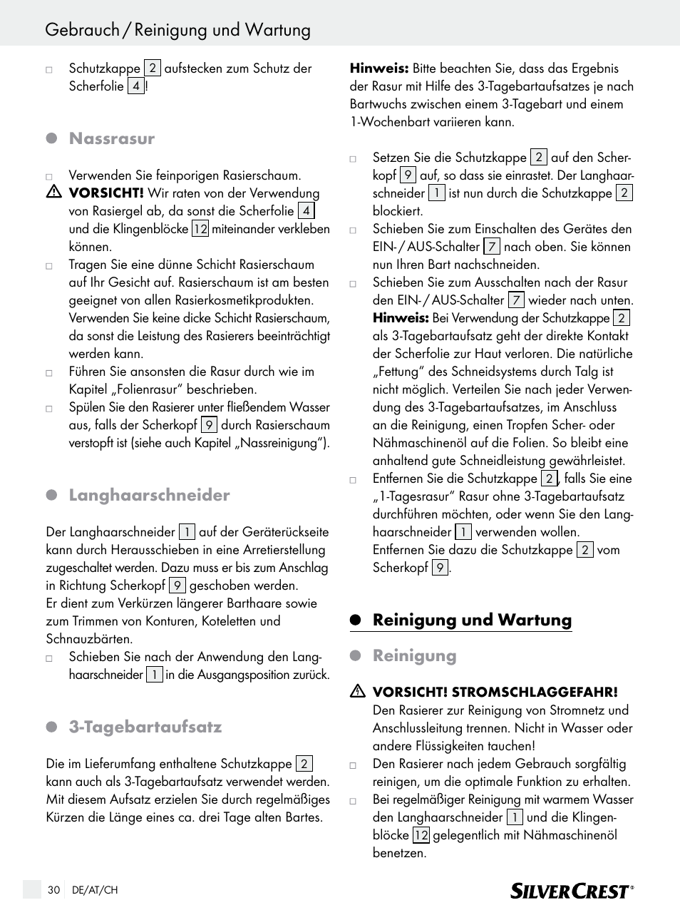Gebrauch / reinigung und wartung, Nassrasur, Langhaarschneider | Tagebartaufsatz, Reinigung und wartung, Reinigung | Silvercrest SFR 1200 A1 User Manual | Page 30 / 45