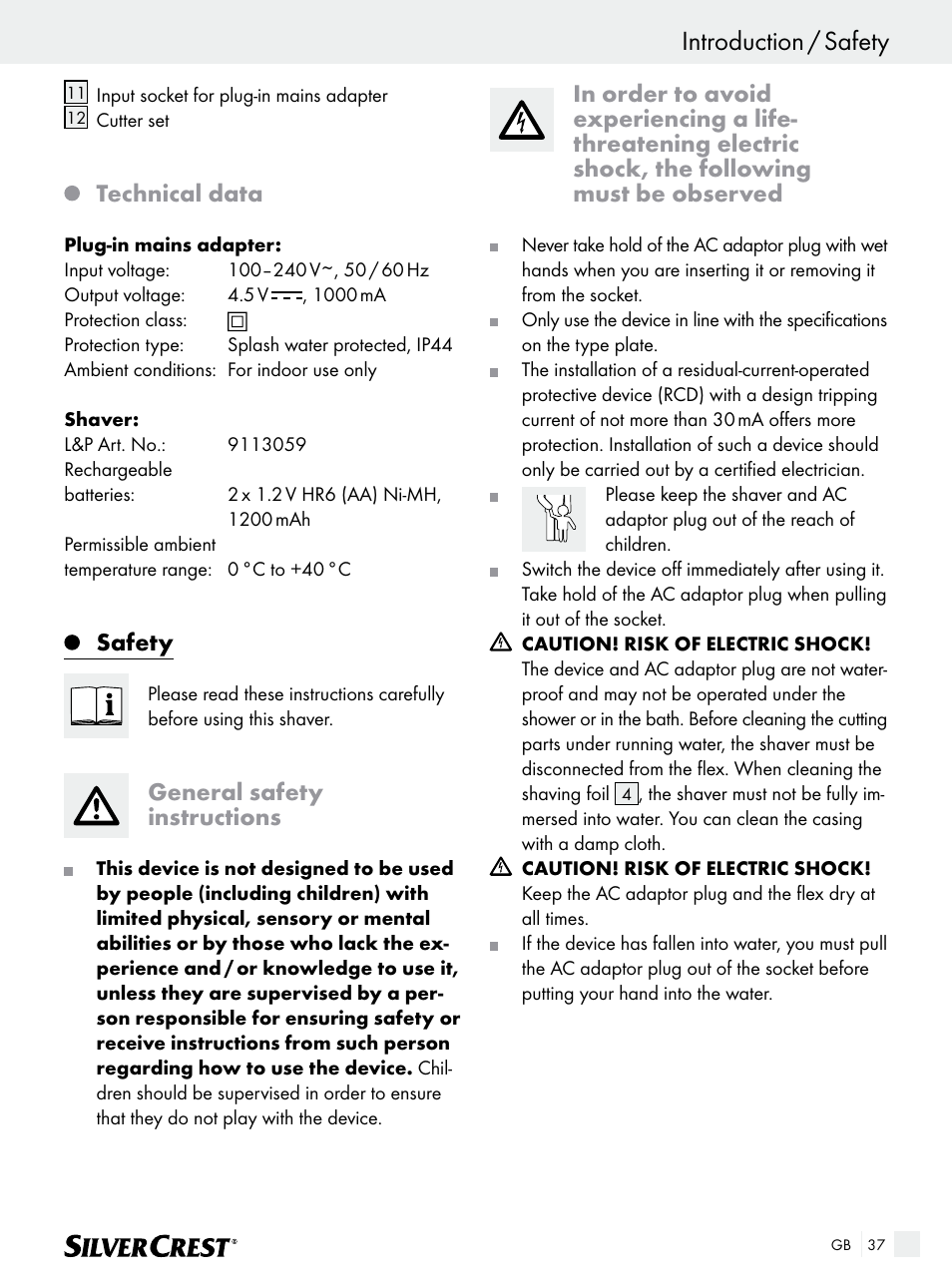 Introduction / safety, Technical data, Safety | General safety instructions | Silvercrest SFR 1200 A1 User Manual | Page 37 / 45