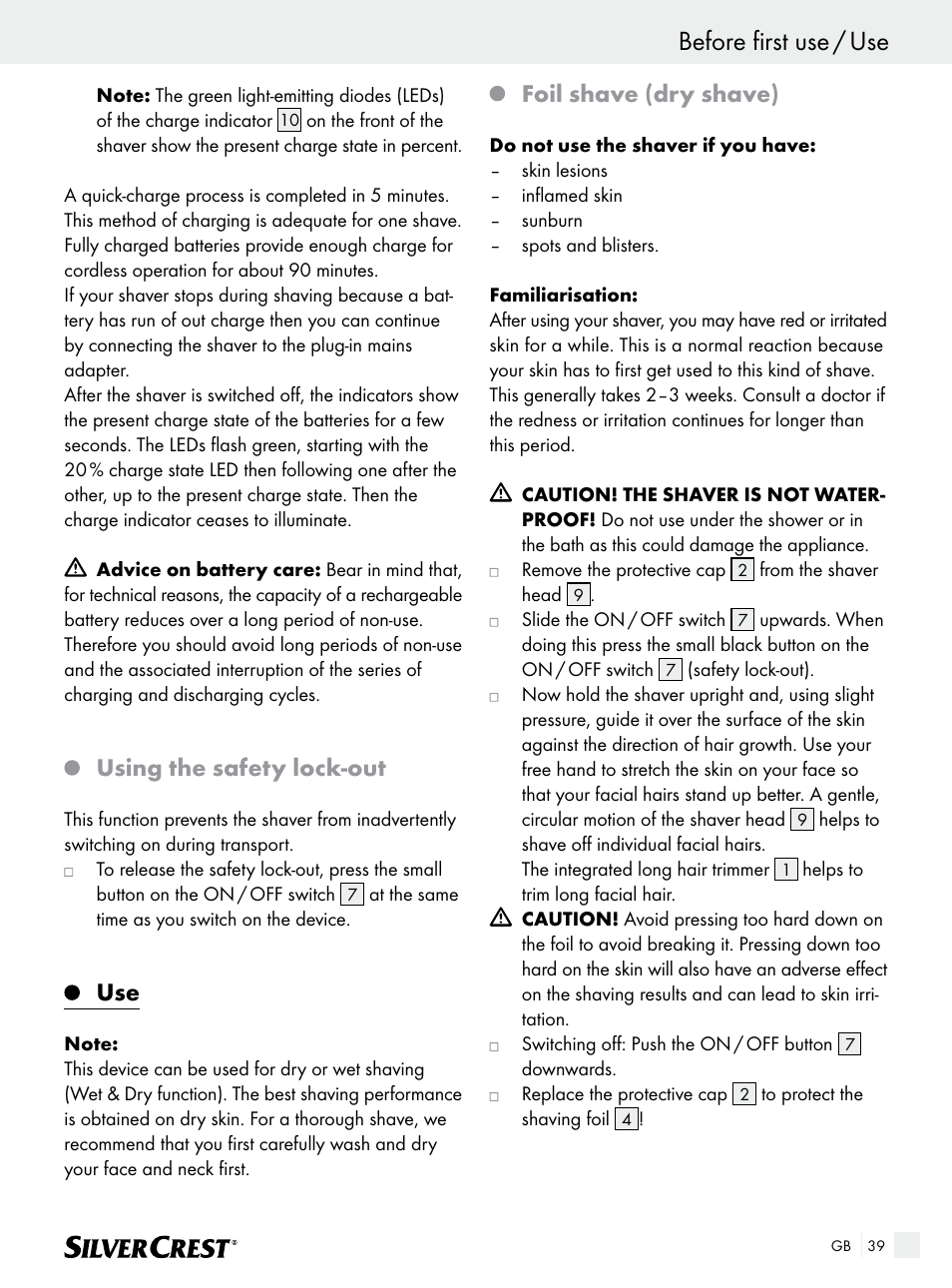 Before first use / use, Using the safety lock-out, Foil shave (dry shave) | Silvercrest SFR 1200 A1 User Manual | Page 39 / 45