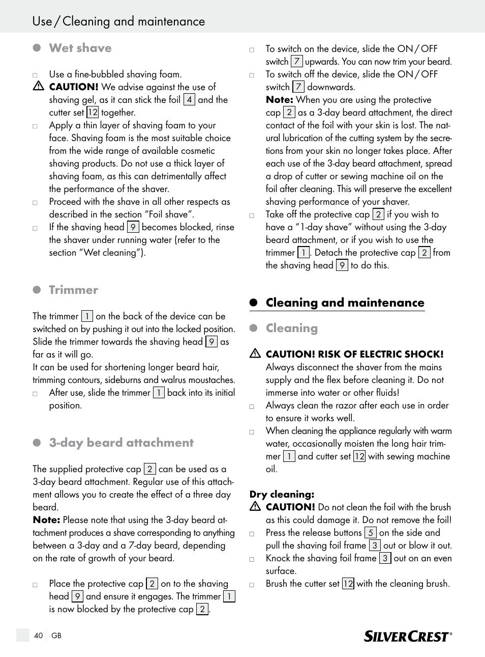 Use / cleaning and maintenance, Wet shave, Trimmer | Day beard attachment, Cleaning and maintenance, Cleaning | Silvercrest SFR 1200 A1 User Manual | Page 40 / 45