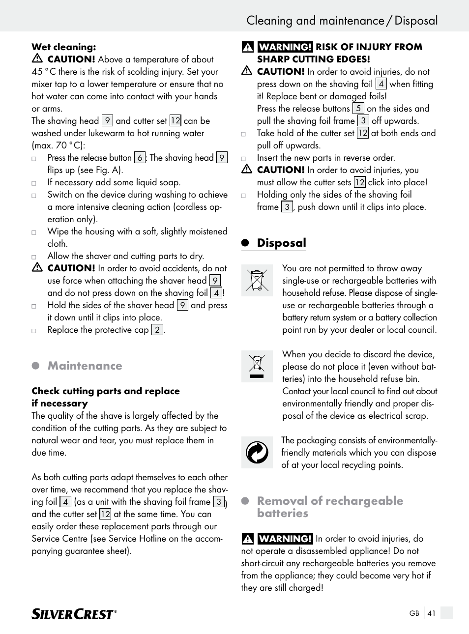 Cleaning and maintenance / disposal, Maintenance, Disposal | Removal of rechargeable batteries | Silvercrest SFR 1200 A1 User Manual | Page 41 / 45