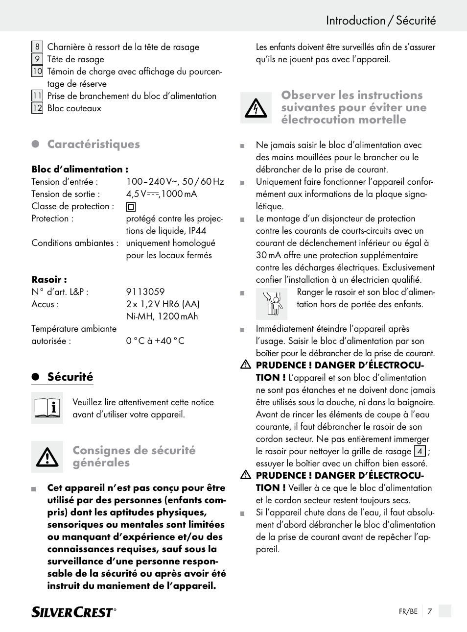 Introduction / sécurité, Caractéristiques, Sécurité | Consignes de sécurité générales | Silvercrest SFR 1200 A1 User Manual | Page 7 / 45