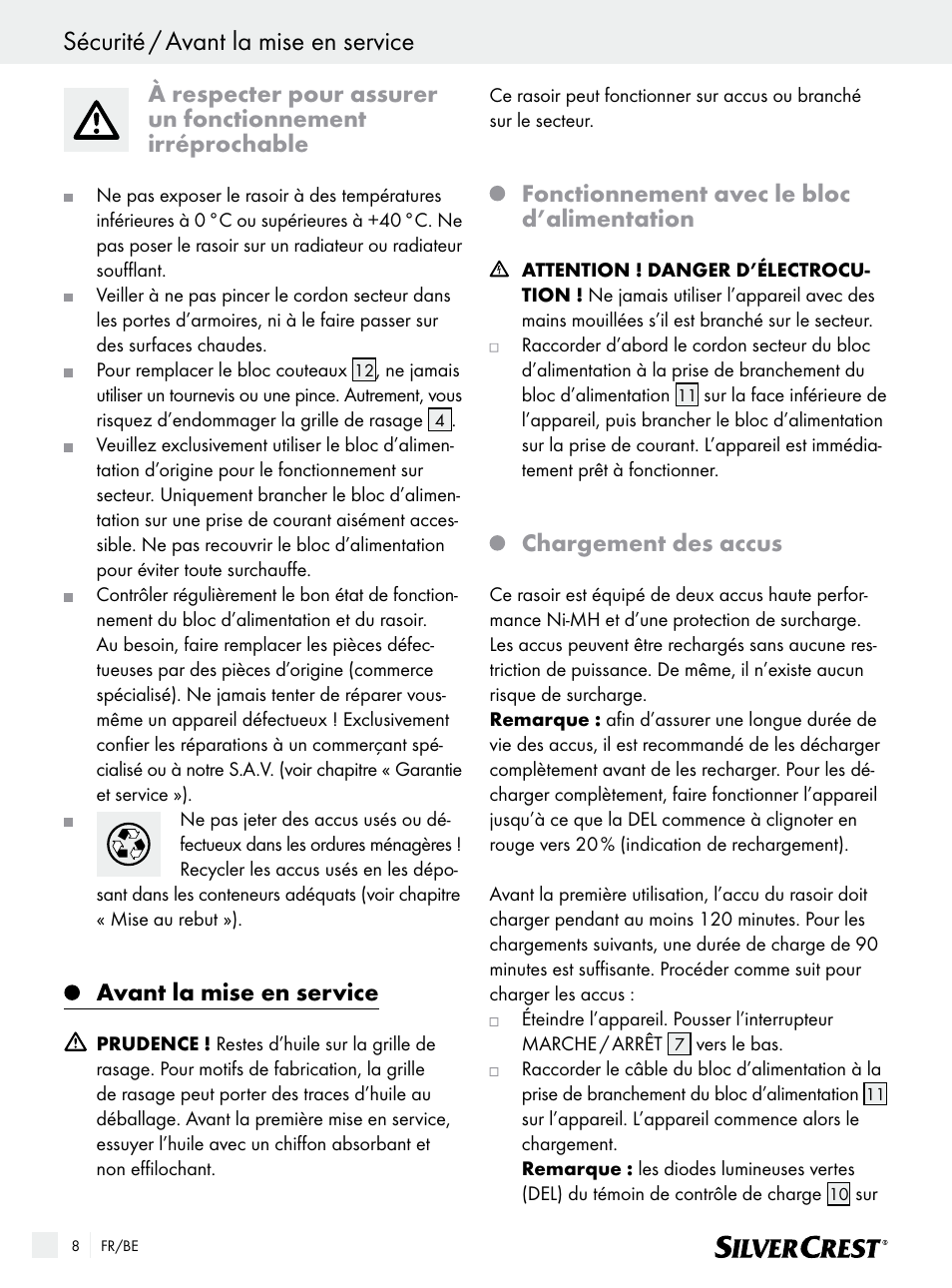 Sécurité / avant la mise en service, Avant la mise en service, Fonctionnement avec le bloc d’alimentation | Chargement des accus | Silvercrest SFR 1200 A1 User Manual | Page 8 / 45