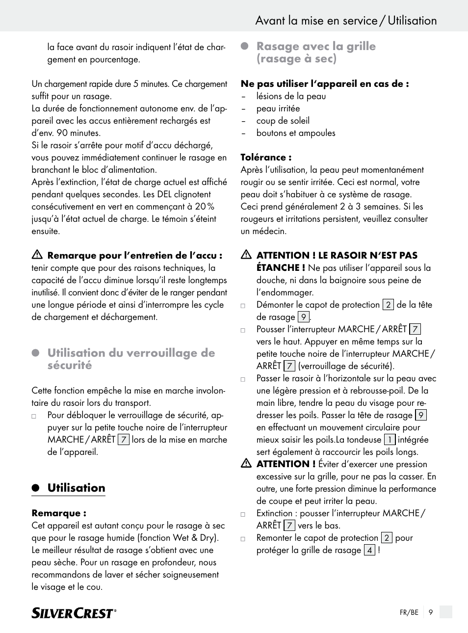 Avant la mise en service / utilisation, Utilisation du verrouillage de sécurité, Utilisation | Rasage avec la grille (rasage à sec) | Silvercrest SFR 1200 A1 User Manual | Page 9 / 45