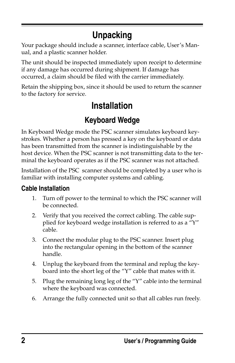 Unpacking, Installation, Keyboard wedge | Cable installation, Keyboard wedge 2 | PSC Handheld Laser Bar Code Scanners Keyboard Wedge / Wand Emulation Interface User Manual | Page 10 / 88