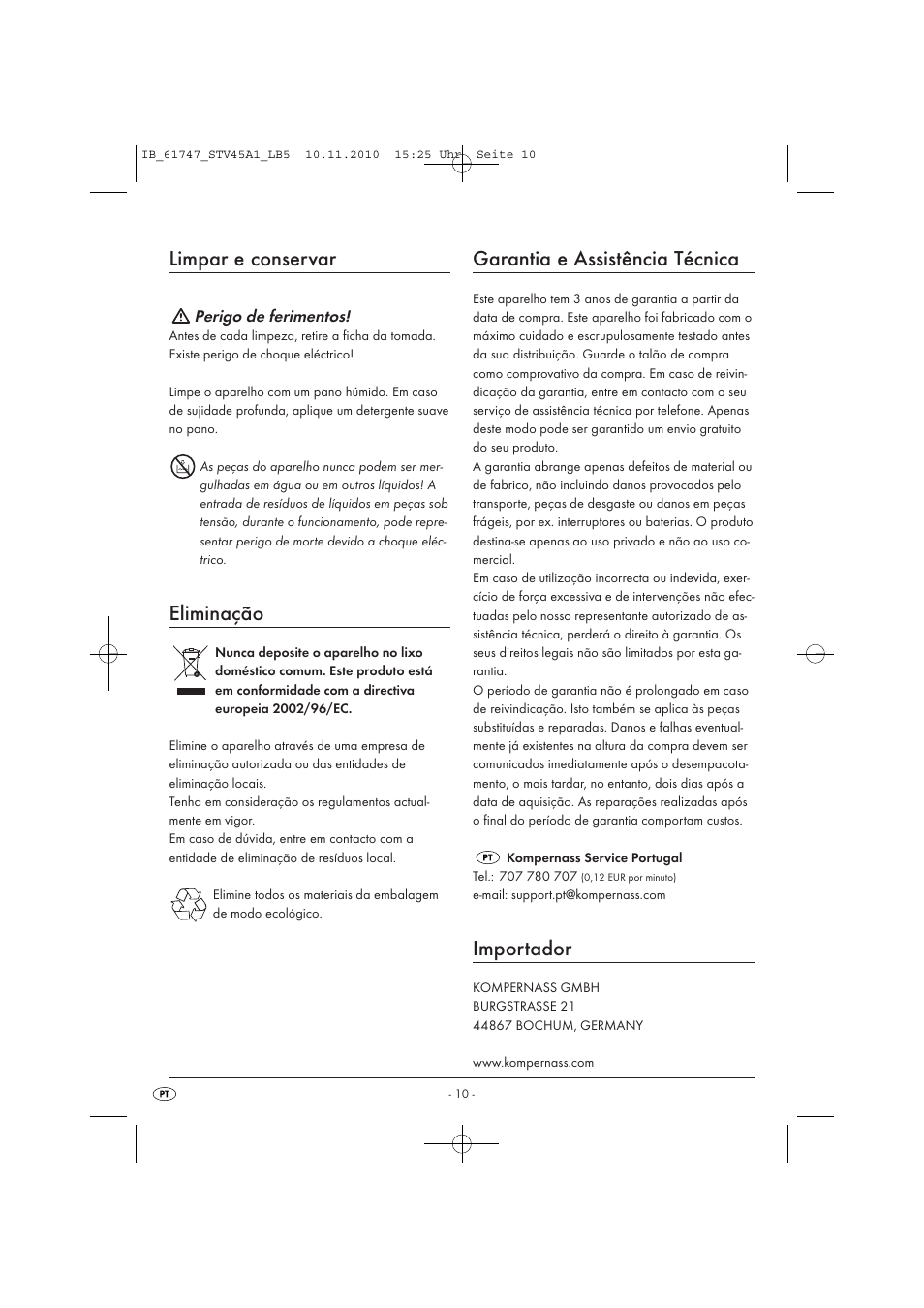 Limpar e conservar, Eliminação, Garantia e assistência técnica | Importador | Silvercrest STV 45 A1 User Manual | Page 12 / 19