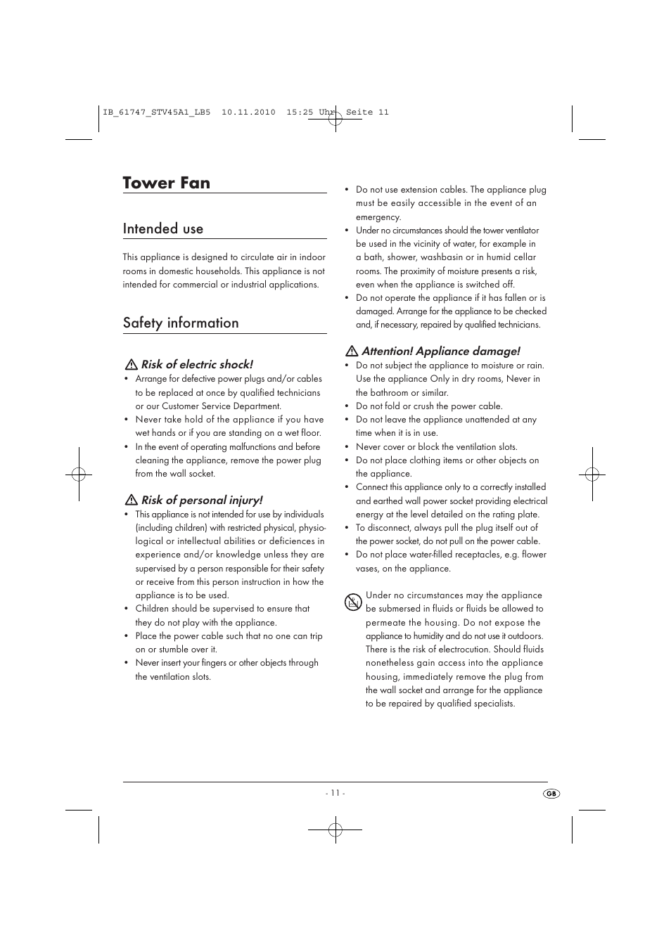 Tower fan, Intended use, Safety information | Risk of electric shock, Risk of personal injury, Attention! appliance damage | Silvercrest STV 45 A1 User Manual | Page 13 / 19