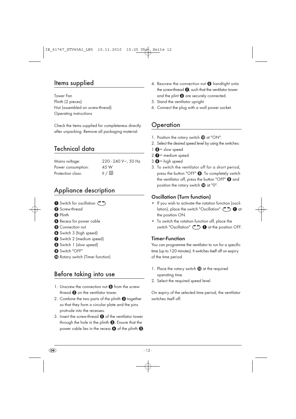 Items supplied, Technical data, Appliance description | Before taking into use, Operation, Oscillation (turn function), Timer-function | Silvercrest STV 45 A1 User Manual | Page 14 / 19