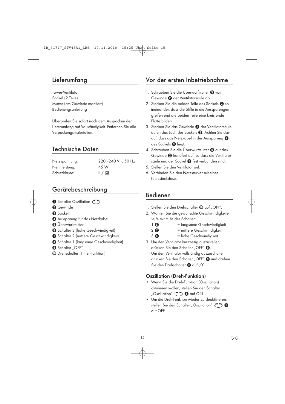 Lieferumfang, Technische daten, Gerätebeschreibung | Vor der ersten inbetriebnahme, Bedienen, Oszillation (dreh-funktion) | Silvercrest STV 45 A1 User Manual | Page 17 / 19