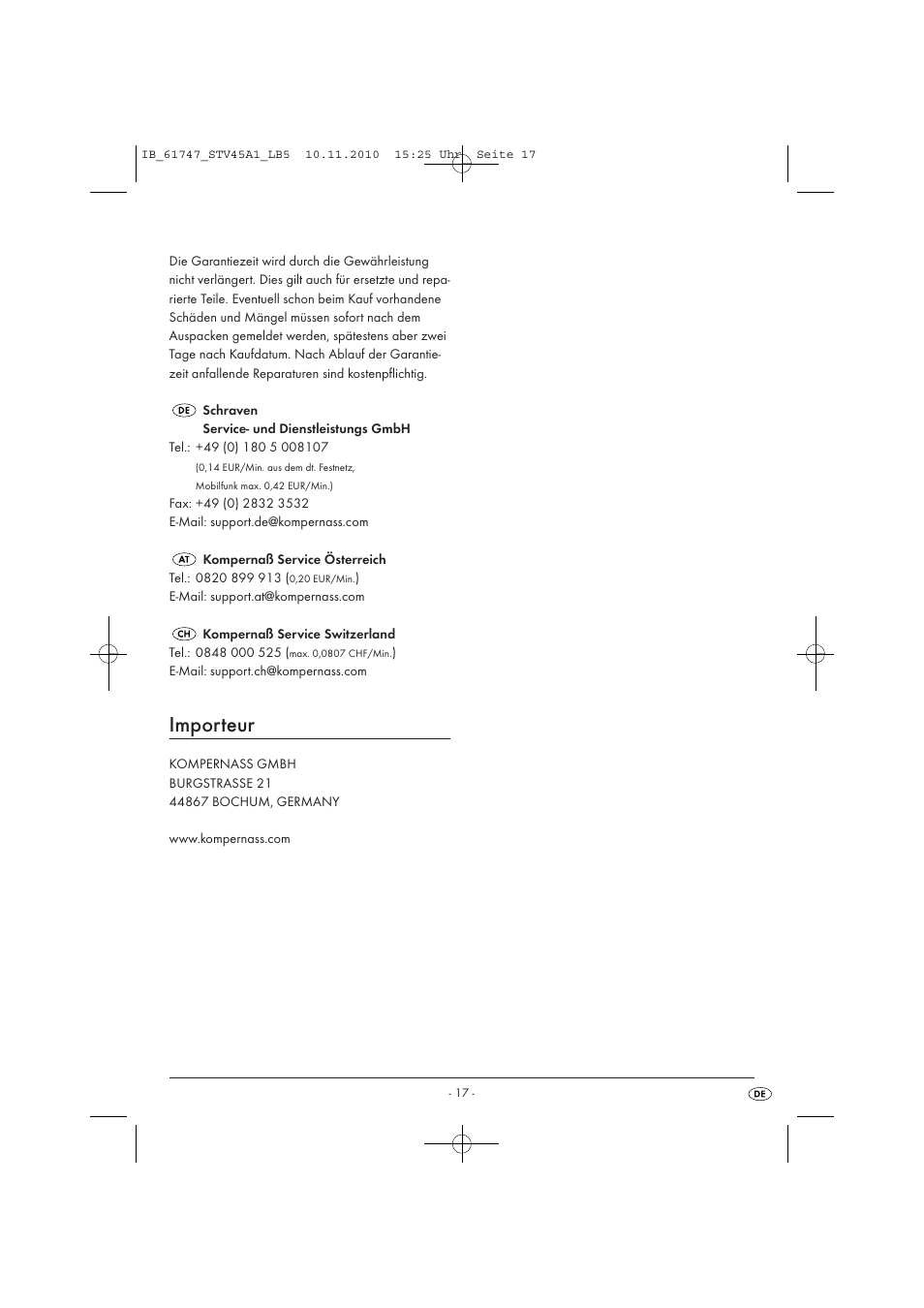 Importeur | Silvercrest STV 45 A1 User Manual | Page 19 / 19