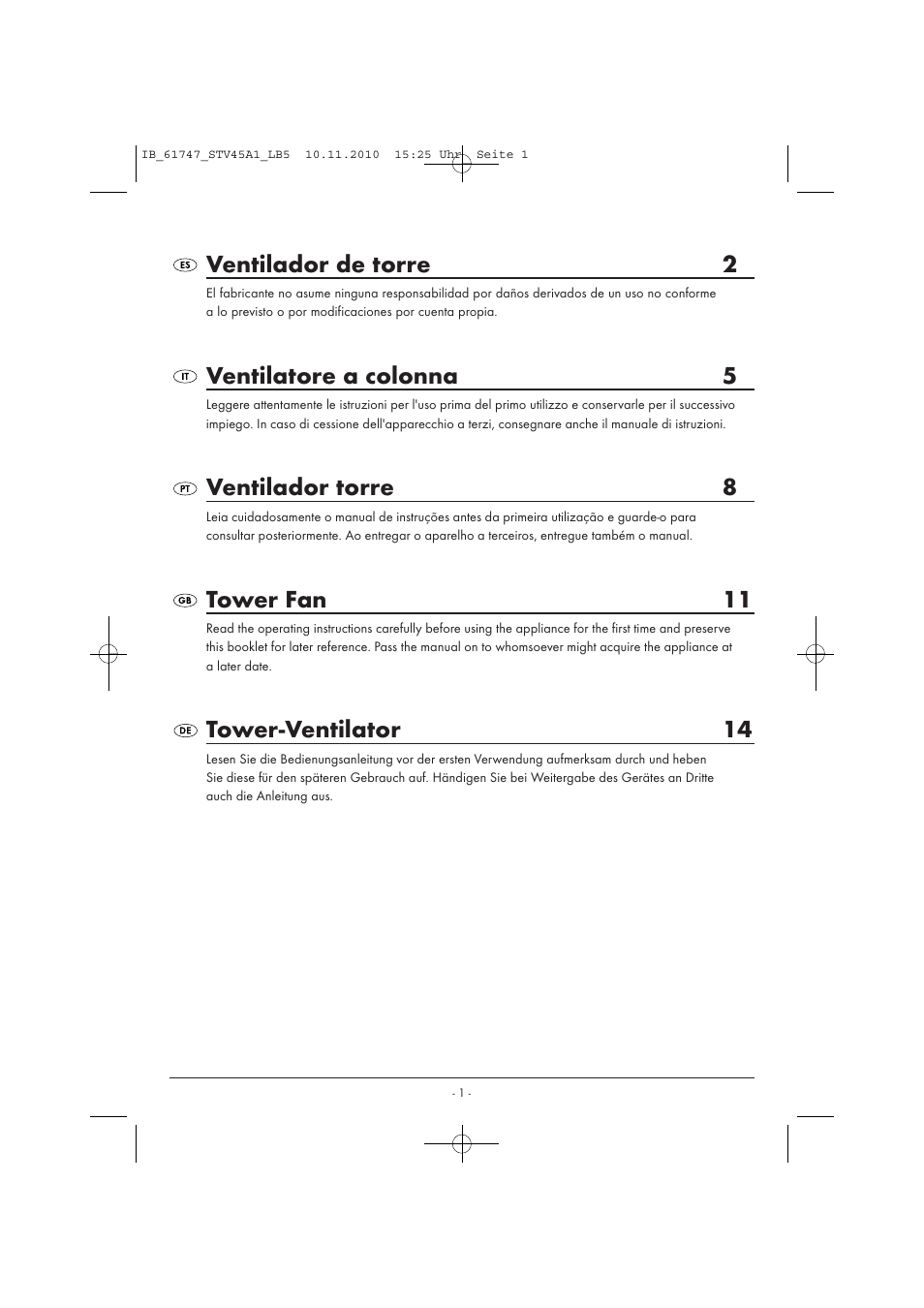 Ventilador de torre 2, Ventilatore a colonna 5, Ventilador torre 8 | Tower fan 11, Tower-ventilator 14 | Silvercrest STV 45 A1 User Manual | Page 3 / 19
