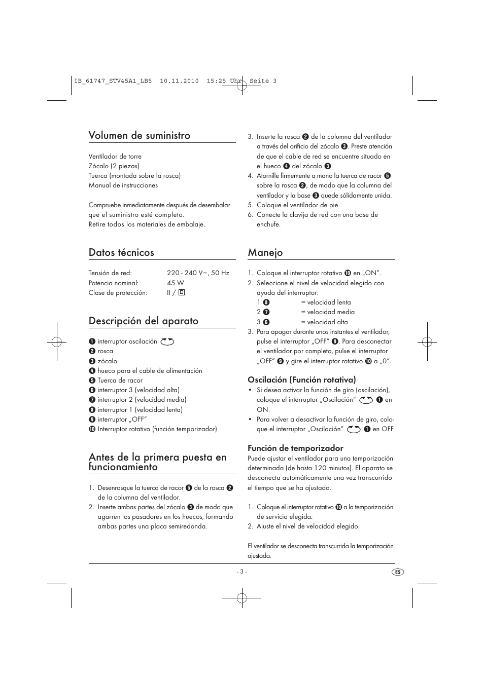 Volumen de suministro, Datos técnicos, Descripción del aparato | Antes de la primera puesta en funcionamiento, Manejo, Oscilación (función rotativa), Función de temporizador | Silvercrest STV 45 A1 User Manual | Page 5 / 19
