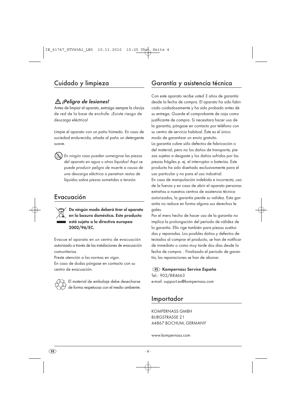 Cuidado y limpieza, Evacuación, Garantía y asistencia técnica | Importador | Silvercrest STV 45 A1 User Manual | Page 6 / 19