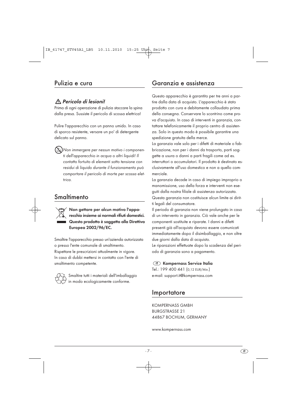 Pulizia e cura, Smaltimento, Garanzia e assistenza | Importatore | Silvercrest STV 45 A1 User Manual | Page 9 / 19