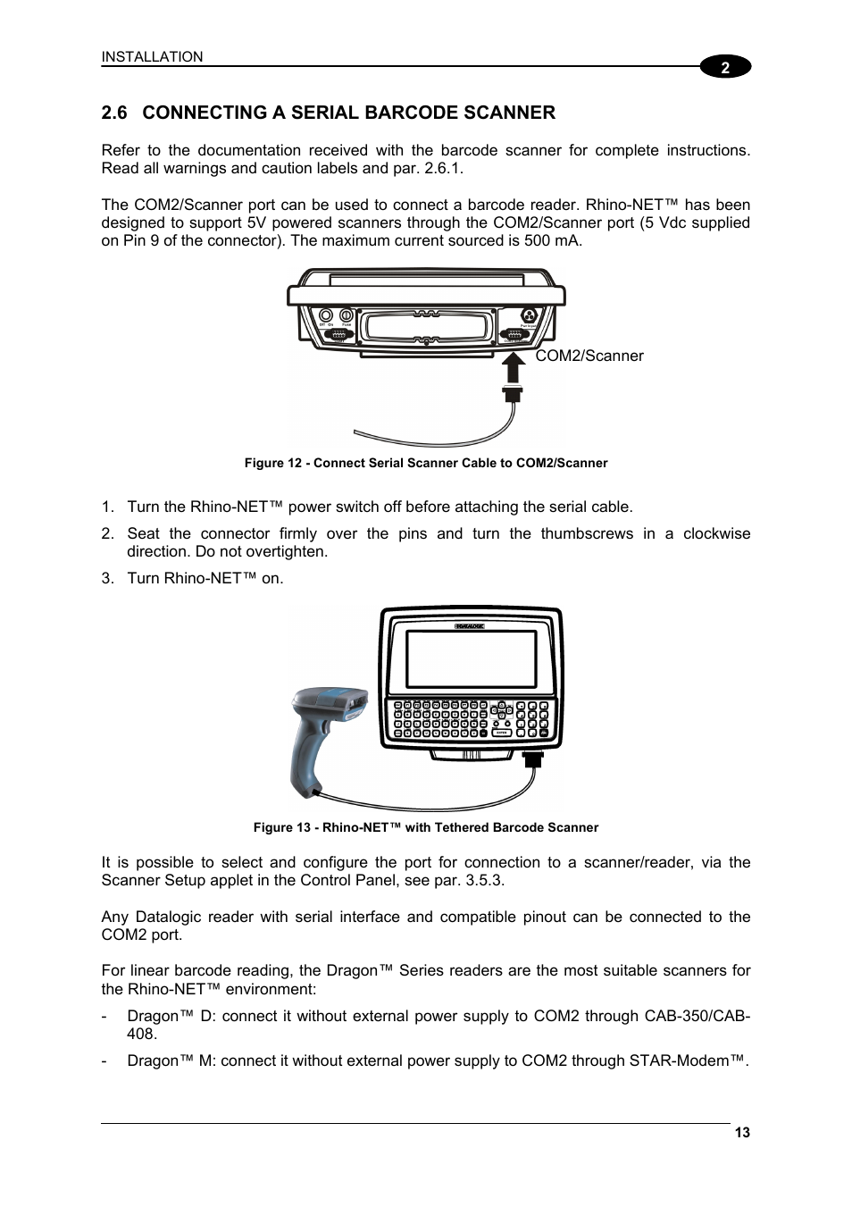 Connecting a serial barcode scanner, 6, 2.7 and | Datalogic Scanning Rhino-NET 40012 User Manual | Page 27 / 53