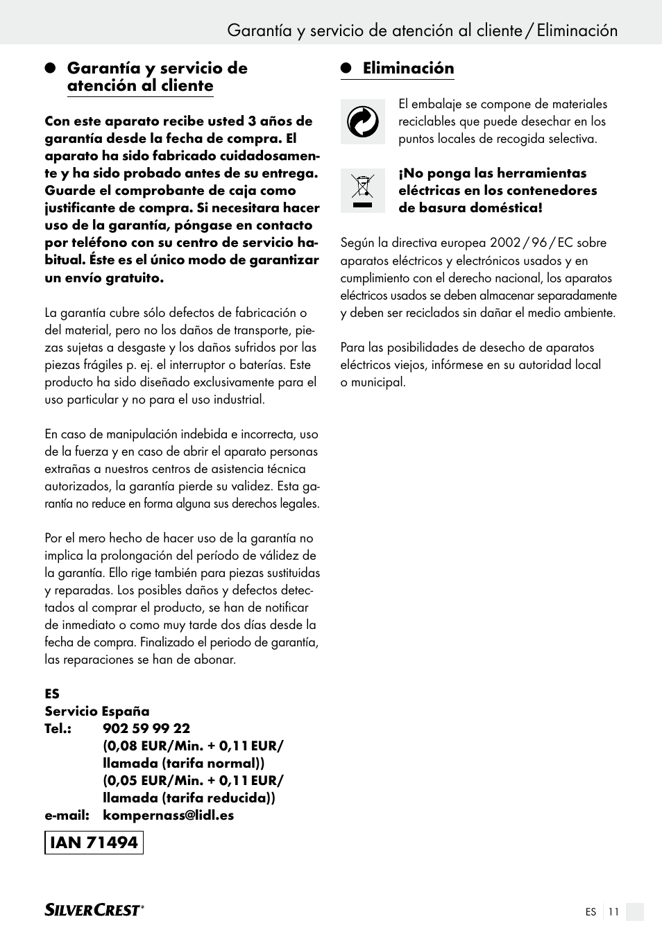 Garantía y servicio de atención al cliente, Eliminación | Silvercrest SAS 150 A1 User Manual | Page 11 / 45