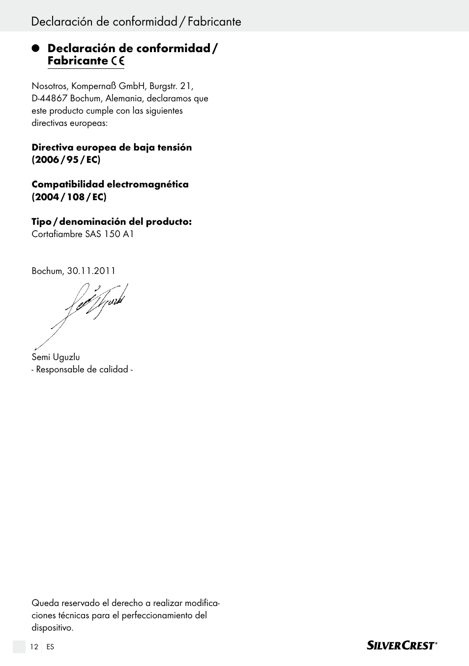 Declaración de conformidad / fabricante indice, Declaración de conformidad / fabricante | Silvercrest SAS 150 A1 User Manual | Page 12 / 45
