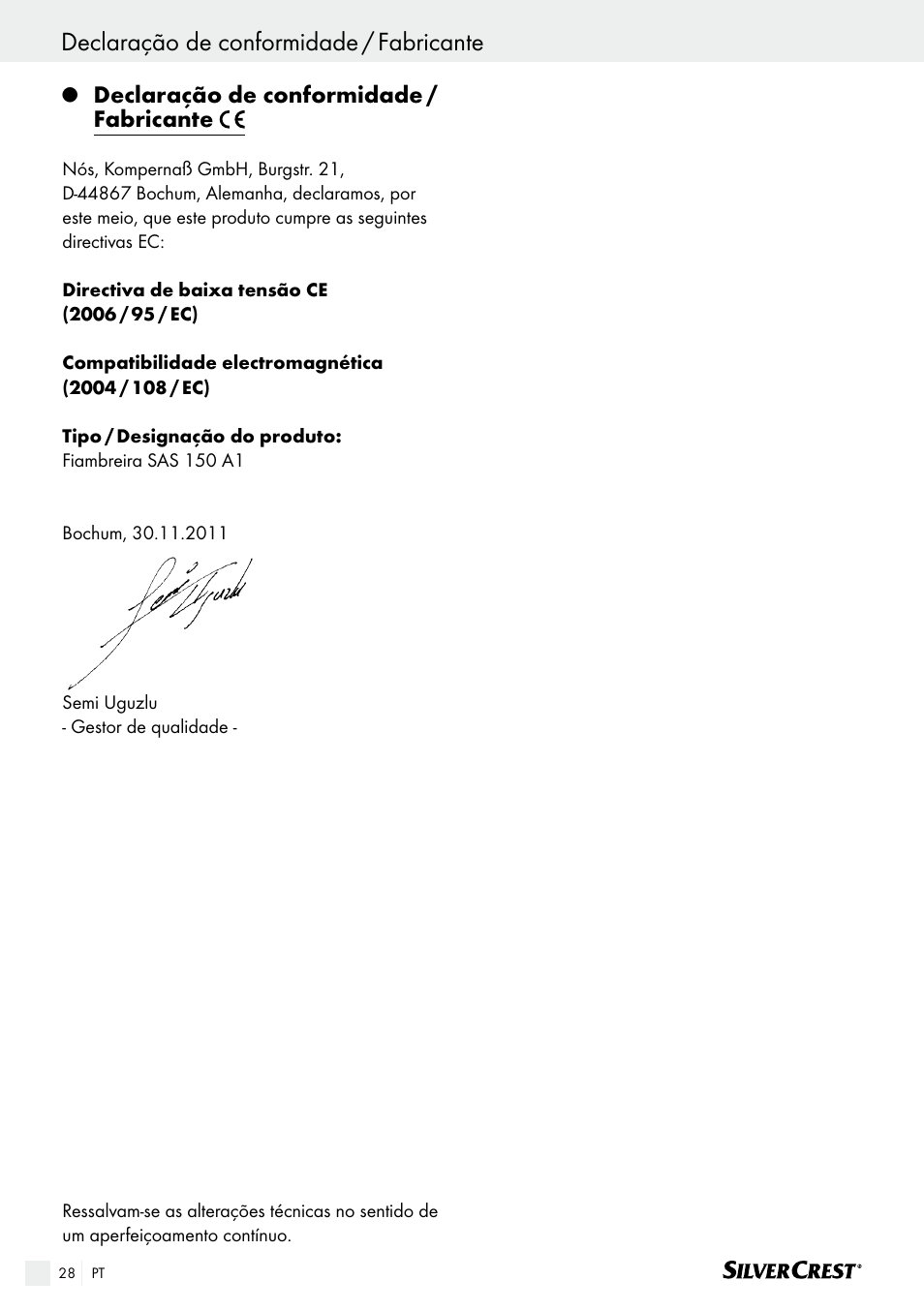 Declaração de conformidade / fabricante | Silvercrest SAS 150 A1 User Manual | Page 28 / 45