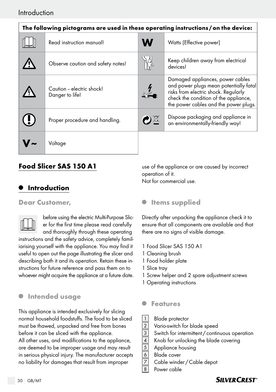 Introduction, Introduction / safety, Food slicer sas 150 a1 | Introduction dear customer, Intended usage, Items supplied, Features | Silvercrest SAS 150 A1 User Manual | Page 30 / 45