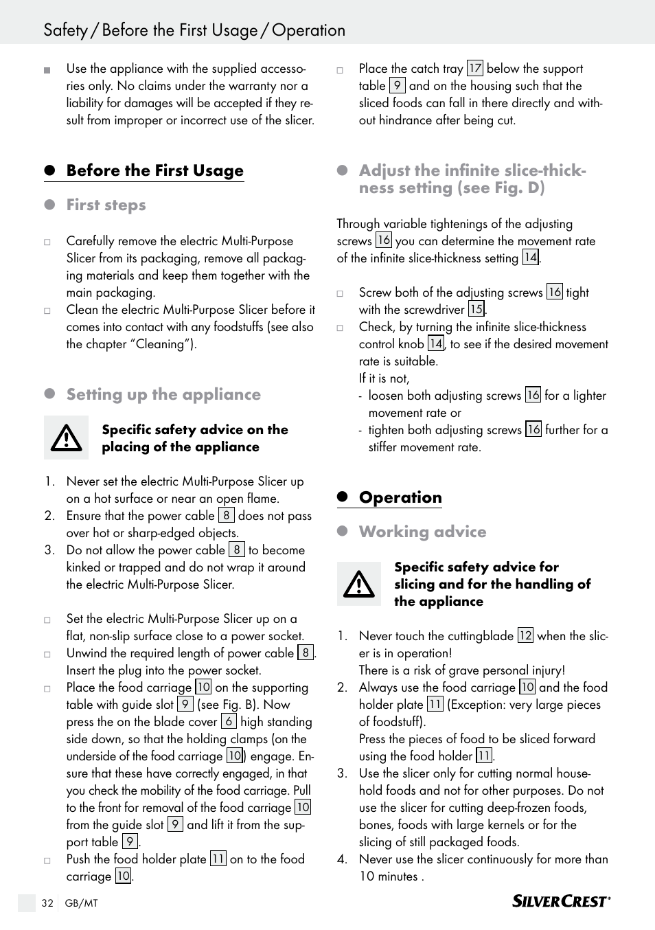 Before the first usage, First steps, Setting up the appliance | Operation, Working advice | Silvercrest SAS 150 A1 User Manual | Page 32 / 45