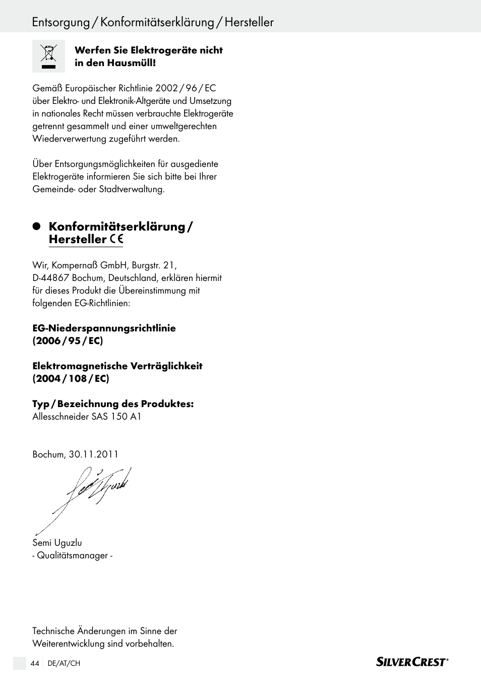 Entsorgung / konformitätserklärung / hersteller, Konformitätserklärung / hersteller | Silvercrest SAS 150 A1 User Manual | Page 44 / 45