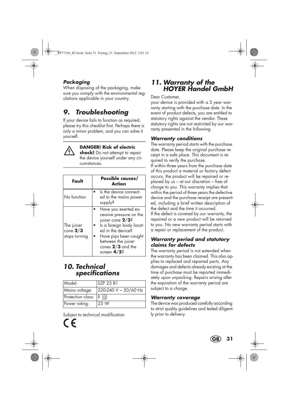 Troubleshooting, Technical specifications, Warranty of the hoyer handel gmbh | Silvercrest SZP 25 B1 User Manual | Page 33 / 46