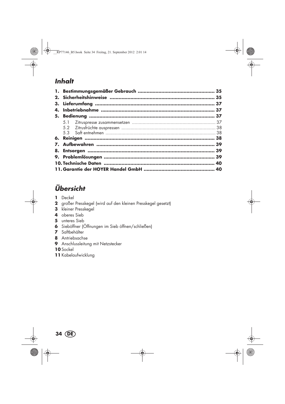 Inhalt, Übersicht | Silvercrest SZP 25 B1 User Manual | Page 36 / 46
