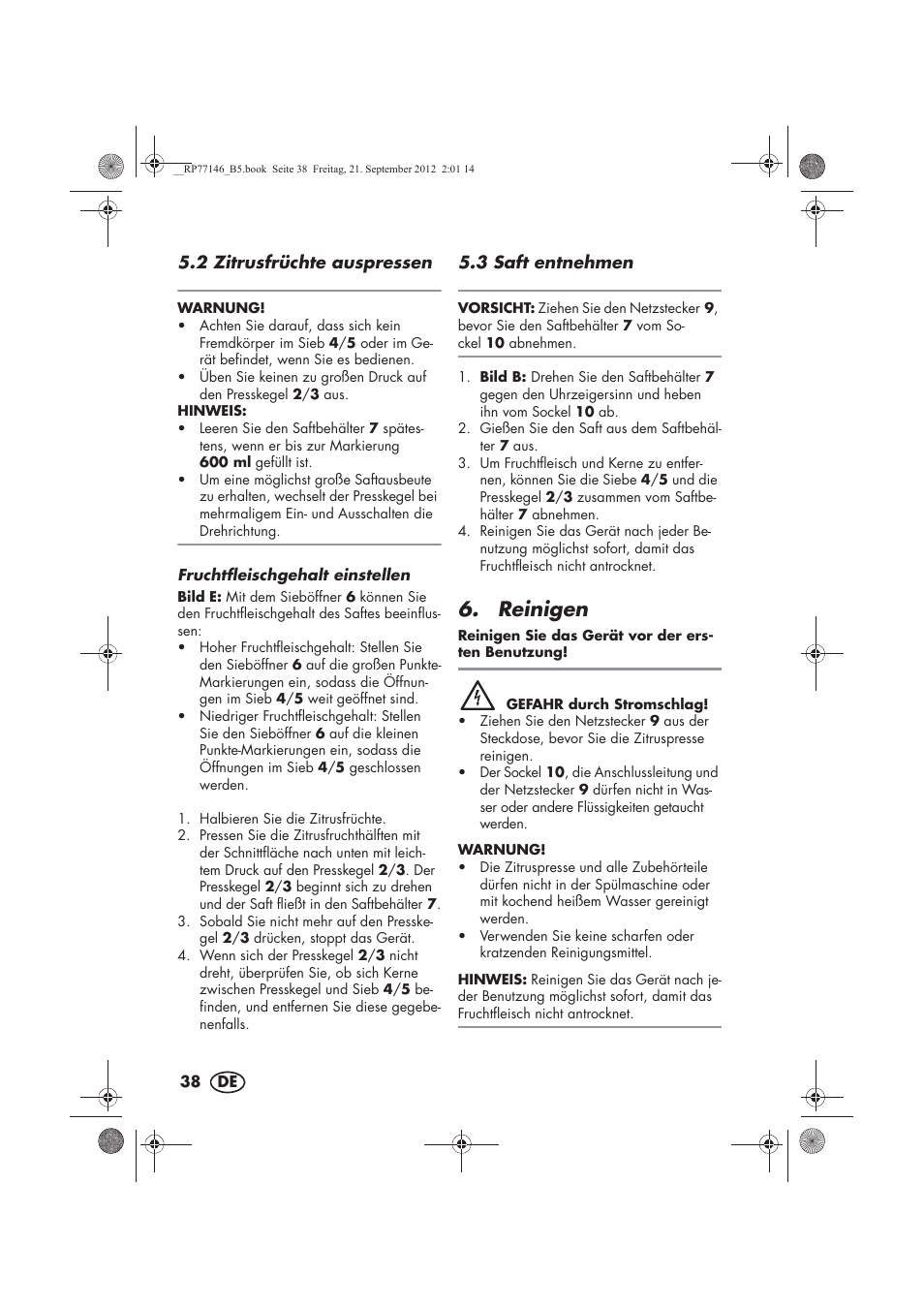 Reinigen | Silvercrest SZP 25 B1 User Manual | Page 40 / 46