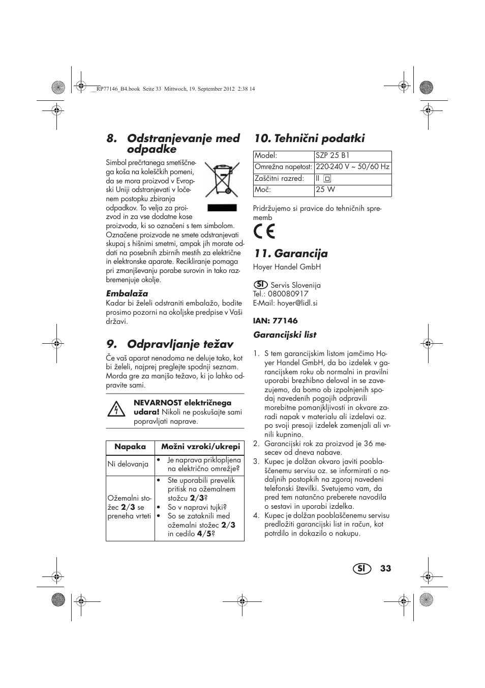 Odstranjevanje med odpadke, Odpravljanje težav, Tehnini podatki | Garancija | Silvercrest SZP 25 B1 User Manual | Page 35 / 62