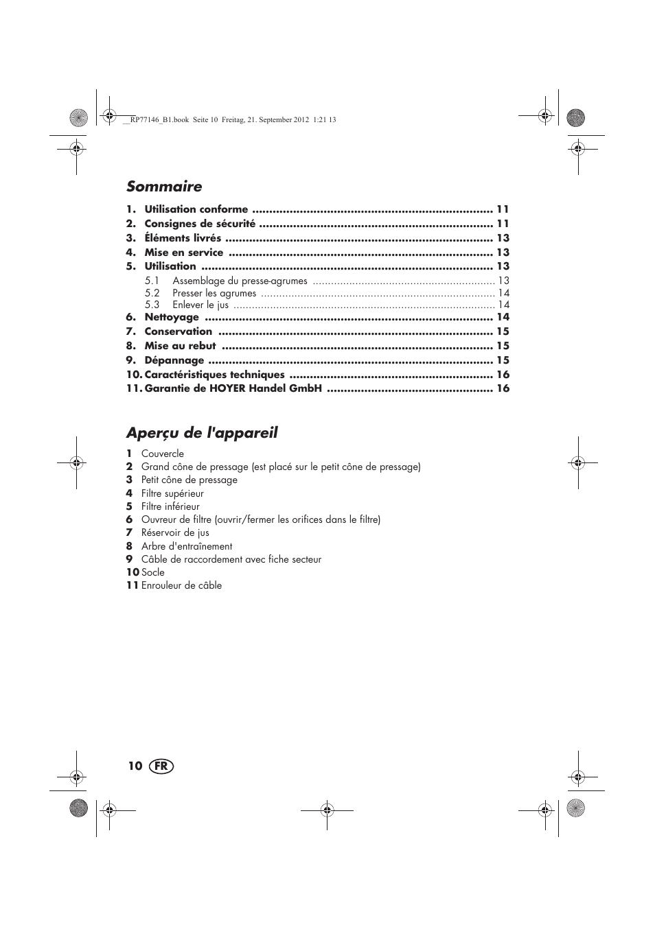 Sommaire, Aperçu de l'appareil | Silvercrest SZP 25 B1 User Manual | Page 12 / 46