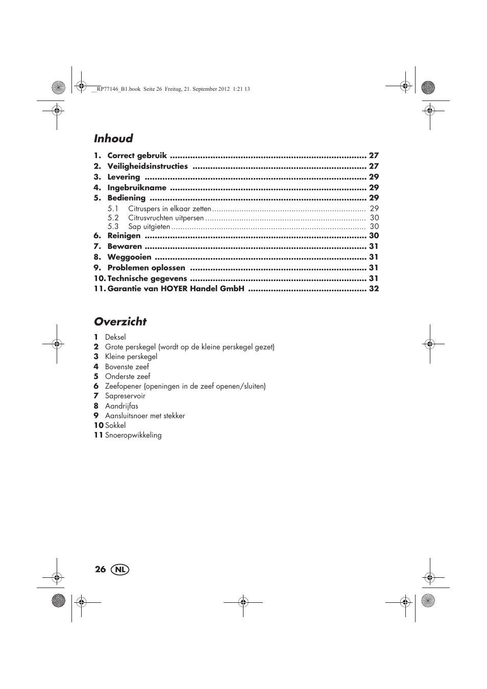 Inhoud, Overzicht | Silvercrest SZP 25 B1 User Manual | Page 28 / 46