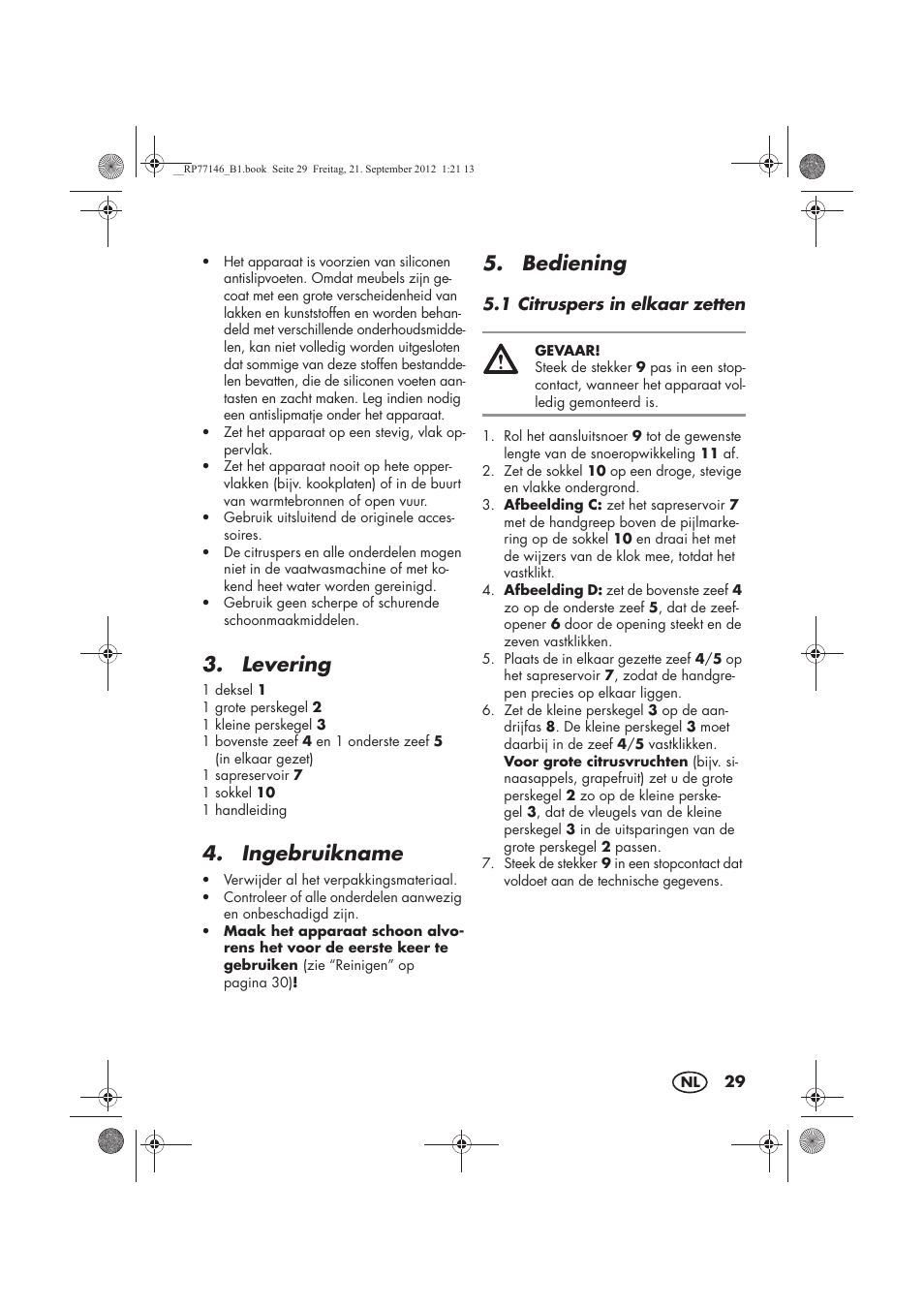 Levering, Ingebruikname, Bediening | Silvercrest SZP 25 B1 User Manual | Page 31 / 46