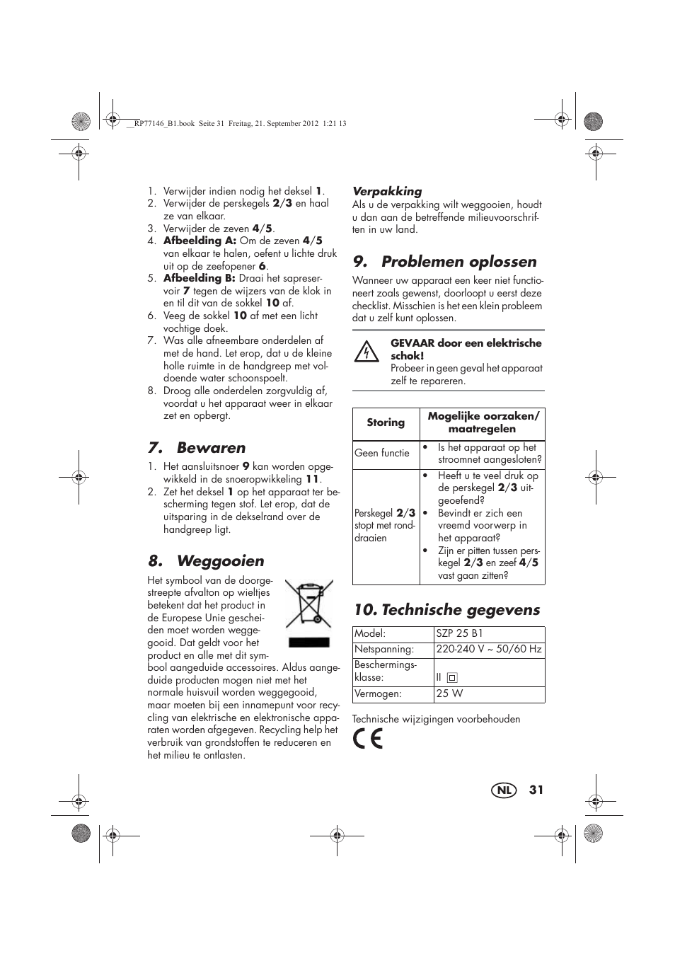 Bewaren, Weggooien, Problemen oplossen | Technische gegevens | Silvercrest SZP 25 B1 User Manual | Page 33 / 46