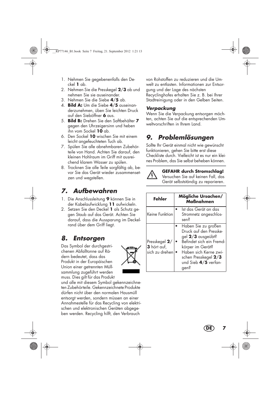 Aufbewahren, Entsorgen, Problemlösungen | Silvercrest SZP 25 B1 User Manual | Page 9 / 46