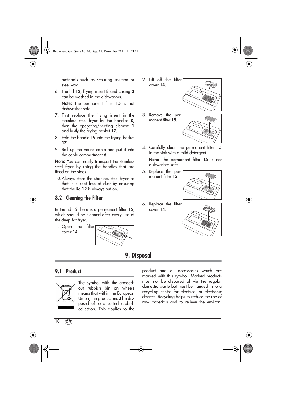 Disposal, 2 cleaning the filter, 1 product | Silvercrest SEF 2100 A1 User Manual | Page 12 / 86