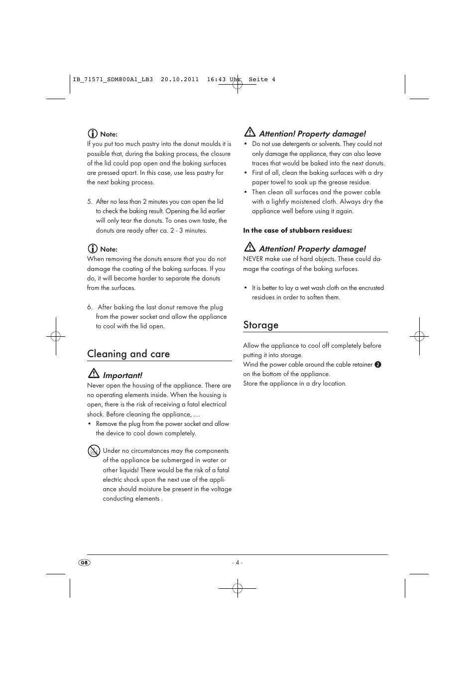 Cleaning and care, Storage, Important | Attention! property damage | Silvercrest SDM 800 A1 User Manual | Page 6 / 14