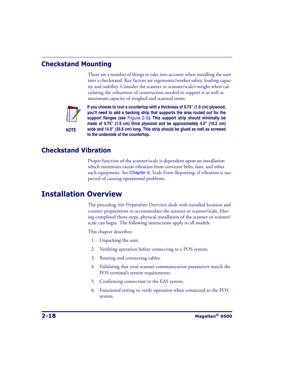 Checkstand mounting, Checkstand vibration, Installation overview | Checkstand mounting -18 checkstand vibration -18, Installation overview -18 | Datalogic Scanning 9500 User Manual | Page 46 / 460