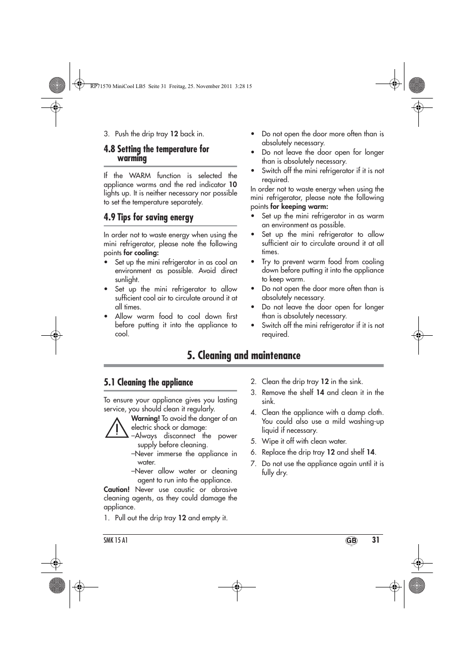 Cleaning and maintenance, 8 setting the temperature for warming, 9 tips for saving energy | 1 cleaning the appliance | Silvercrest SMK 15 A1 User Manual | Page 33 / 46